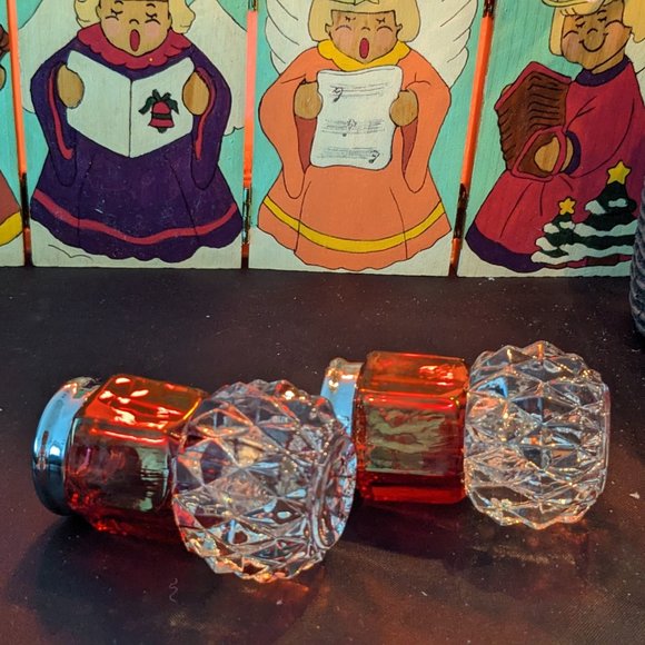 Beautiful Pair Indiana Glass Ruby Red And Crystal Diamond Point Candle Holders - Picture 10 of 11
